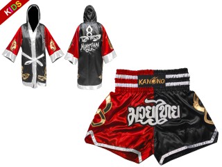 Kids boxing uniform - Boxing Robe and Shorts :  Model 143-Red-Black