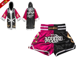 Kids boxing uniform - Boxing Robe and Shorts : Model 143-Rose-Black