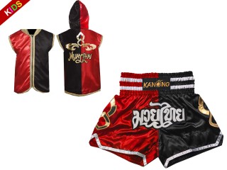 Boxing costume for boys - Boxing Hoodies and Muay Thai Shorts : Model 143-Red-Black