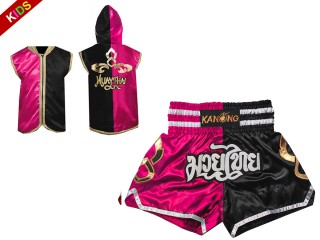 Boxing costume for kids - Boxing Hoodies and Muay Thai Shorts : Model 143-Rose-Black