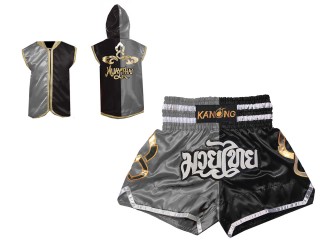 Boxing set - Hoodies and Boxing Shorts for Muay Kickboxing : Model 143-Silver-Black