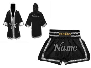 Boxing uniform - Boxing Robe and Thai Boxing Shorts : Set-140-Black-Silver